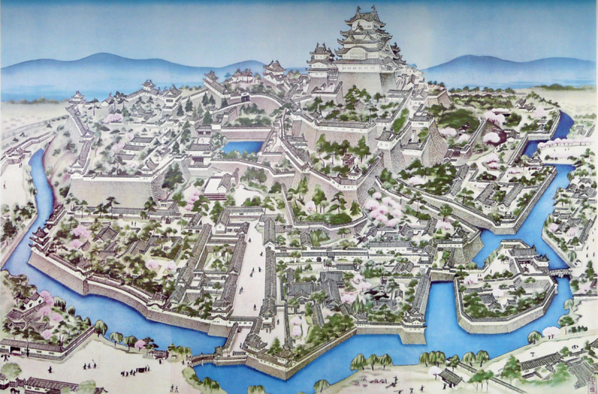 Sơ đồ mô tả quần thể phức tạp của Lâu đài Himeji trong quá khứ